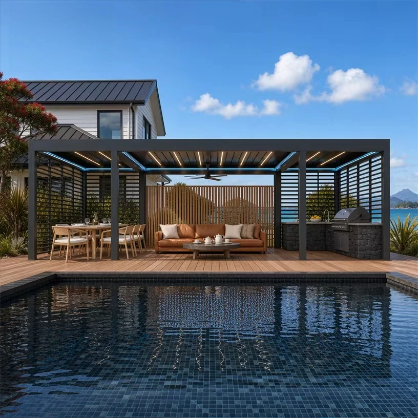 Outdoor Manual Aluminum Pergola with Waterproof Canopy, Sun Shade Pavilion for Hotel Pool Side Party