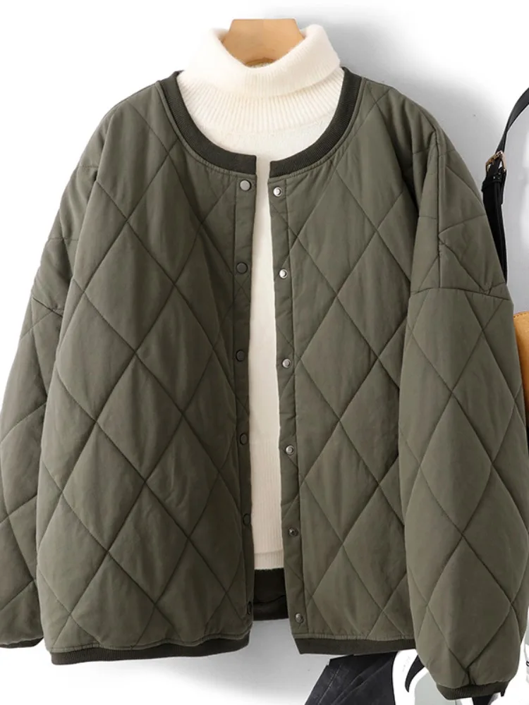 

Lightweight Cotton Jacket Women's Winter Casual Simple Diamond Pattern Green Retro Short Quilted Coat Korean Style Loose Fit