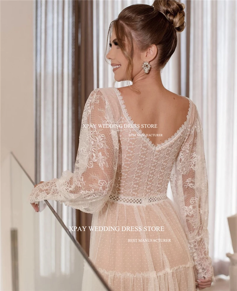 XPAY Sexy Lace Wedding Dresses Long Sleeves V-Neck Floor-Length Dubai Arabia Women Bridal Gowns Garden Plain Garden Country