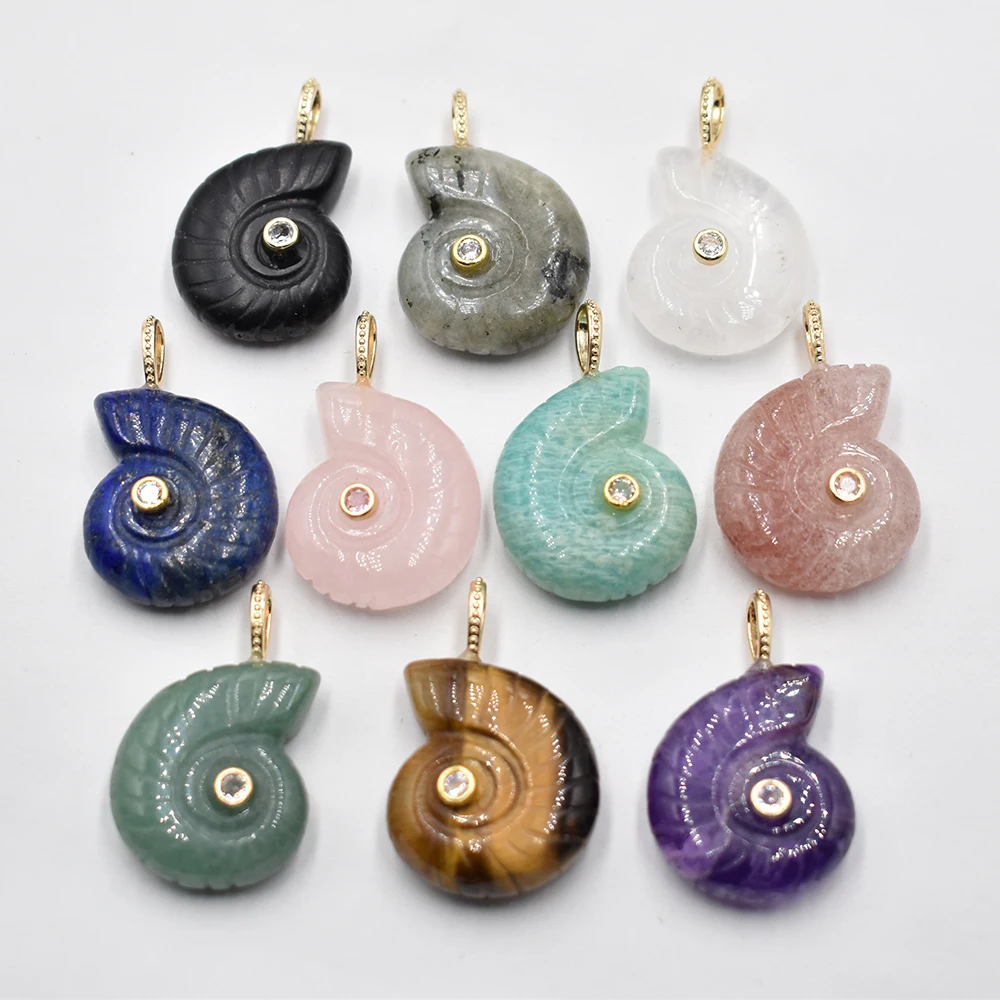 Wholesale 6pcs/lot Fashion Conch shaped natural stone amethyst tiger eye pendant inlay zircon jewelry parts Making Free Shipping