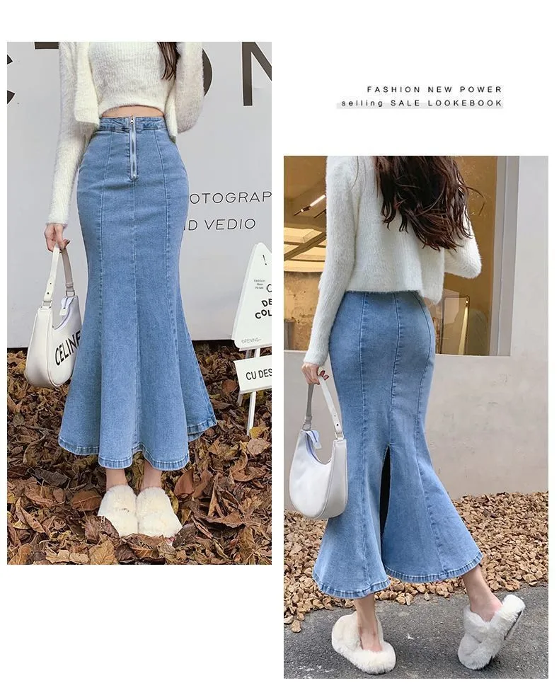2026 Solid Slimming High Waist Midi A- Line Skirt Woman Trumpet Sides for Women Denim Half-length Skirt with Flounce