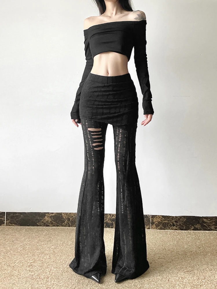 New large size fashion women's sexy hot girl low waist tie hollowed wrinkles broken holes leisure flared pants pants pants