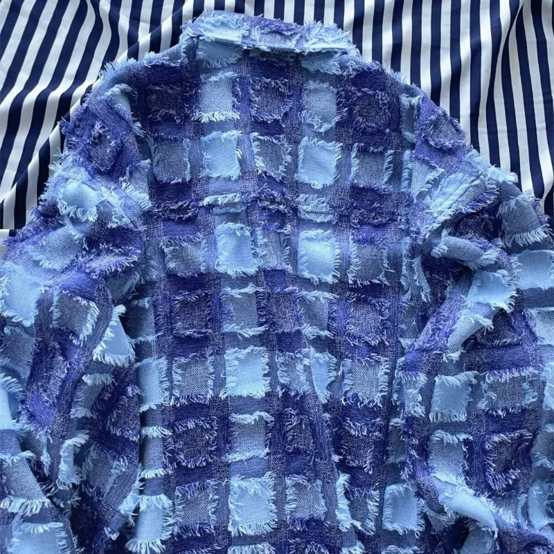 EBAIHUI Women's Lapel Neck Shirt Spring Tassel Design Ladiesd Long Sleeve Blouse Blue Plaid Blusas Cardigan Pocket Tops