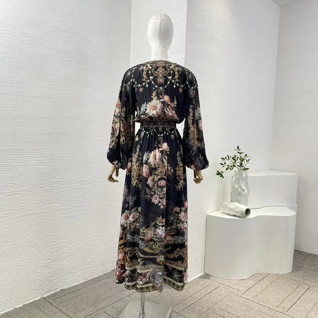 Black Floral Print Women Full Lantern Sleeve Shirred V-neck High Quality Silk Midi Dress for Holiday 2024 New Arrival