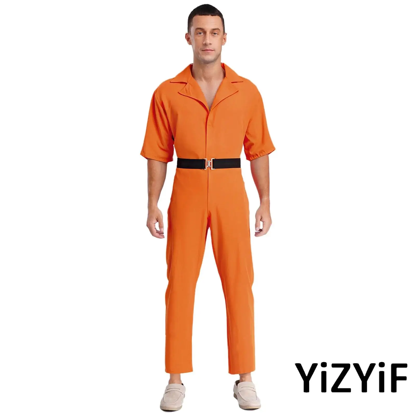 

Adult Unisex Mens Halloween Prisoner Roleplay Jumpsuit with Waist Belt Lapel Short Sleeve Rompers Inmate Jail Bodysuit Uniform