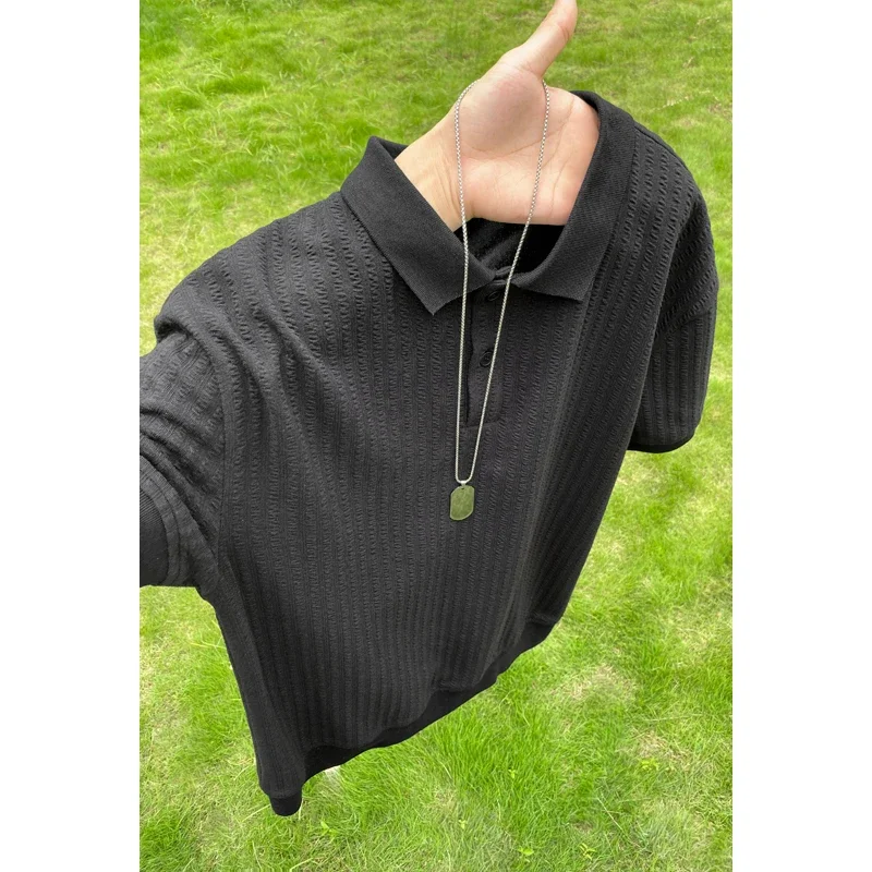 Mens Casual Polo Short Sleeve Shirt Textured Embossed Weave Button Placket Loose Cut For Weekend Gathering Outing Scenarios