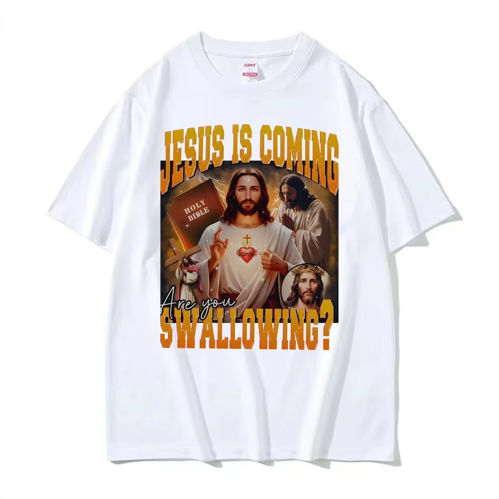 2026 New Funny Jesus Expression Cotton Men's Shirt - Retro V-Neck Short Sleeve Harajuku Style Summer Fashion T-Shirt