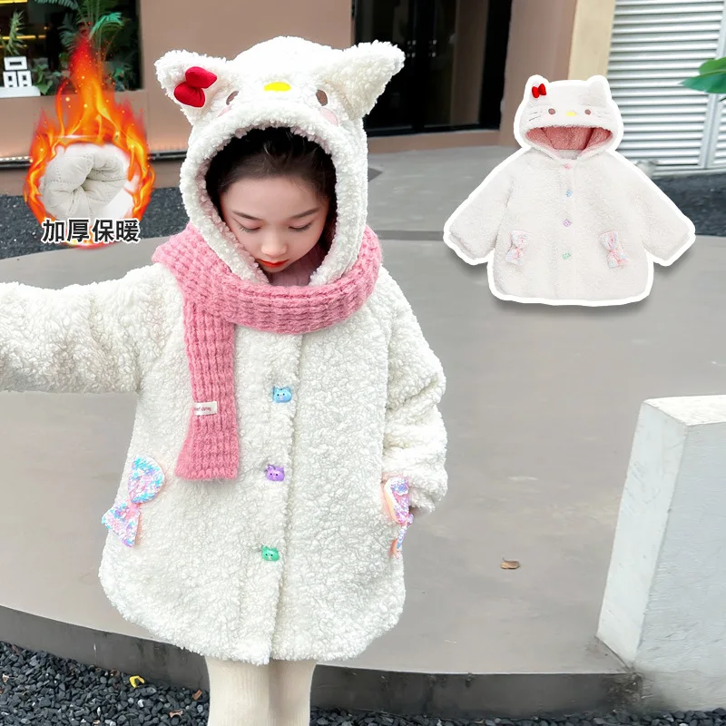 سانريو مرحبا كيتي فتاة معطف سترة الشتاء الكرتون البربرية الصوف كواليزيا الدفء الفتيات الهدايا Y2K معطف مقنع سترة قطيفة #2
