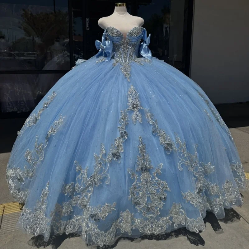 Light Blue Quinceanera Dress off-shoulder Sequin Crystal 3D Flower Decal Long tail Bow vestidos de 15 Quinceanera ﻿Customize