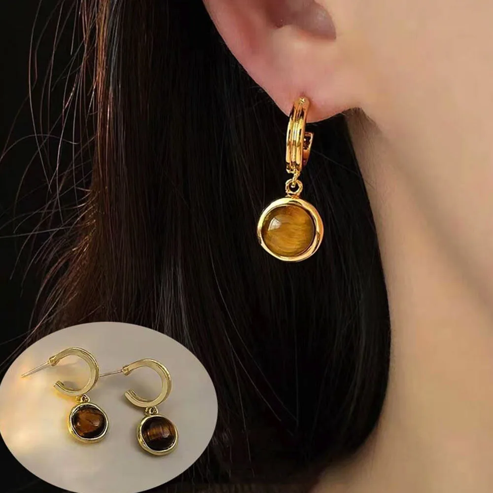 Round Tiger eye Beads Gold Color Metal Earrings For Women Bezzel Setting Round Semi-precious Stone Stud Earrings Retro Jewelry