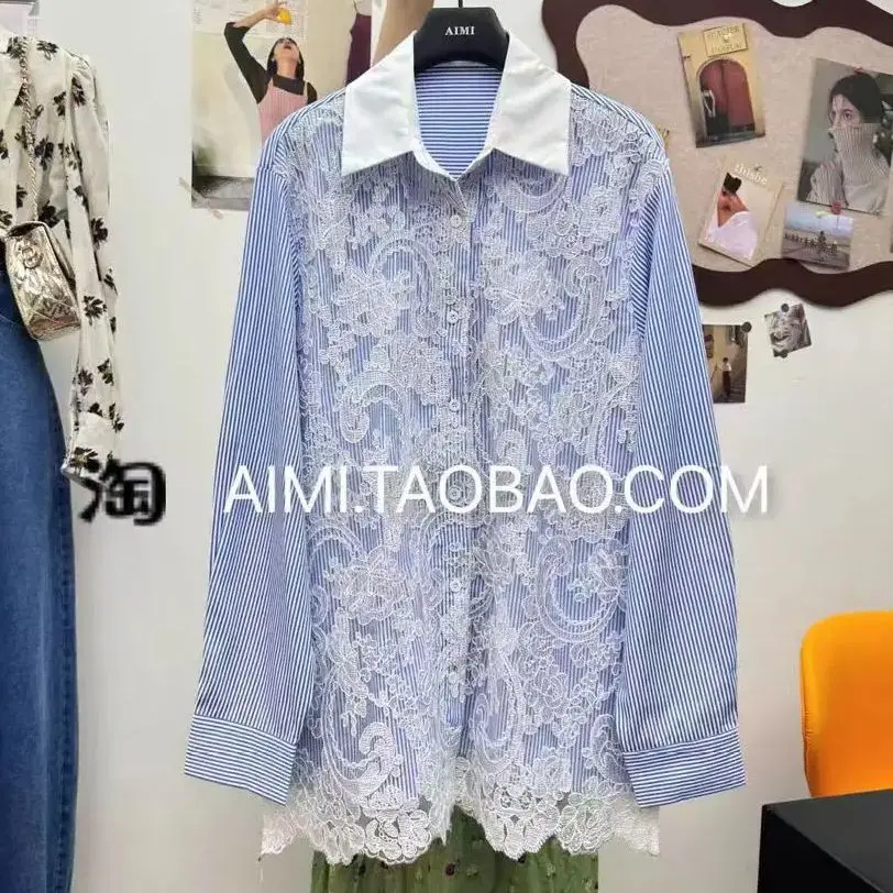 New In 2024 Autumn Lace Embroidery Hollow Out Stripe Shirts and Blouse Woman Mid-length Single Breasted Top Blusas Women Clothes