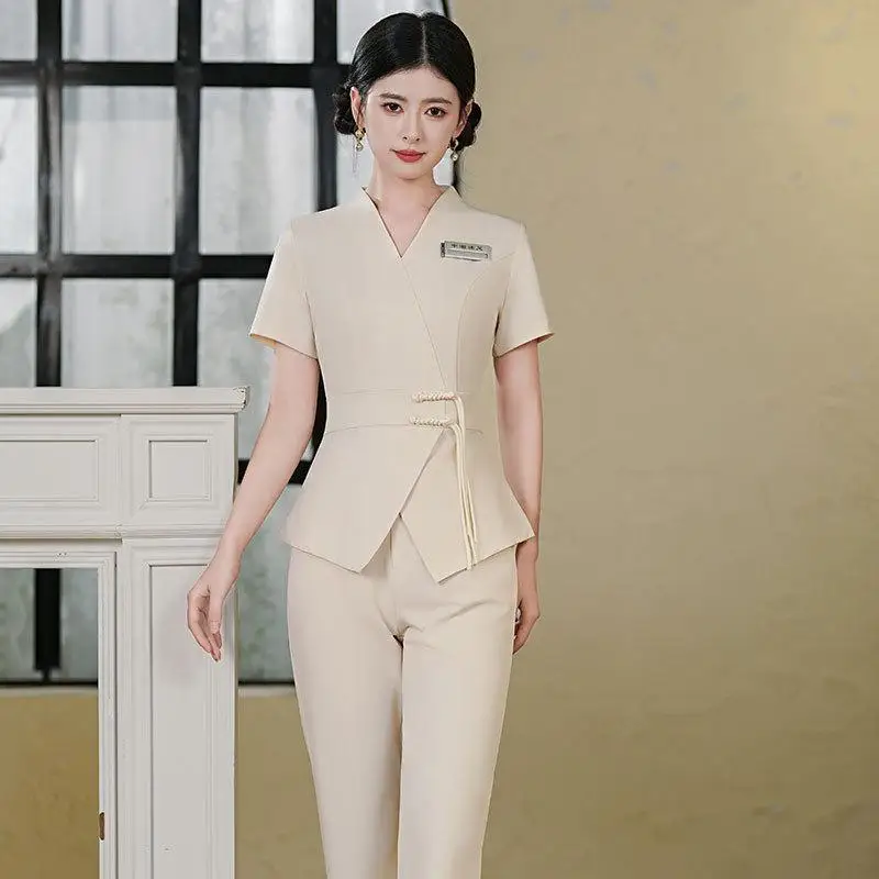 Beautician Uniform Print Logo Professional Foot Bath Spa Sauna Massage Work Clothes Hotel Waiter Set Short Sleeved Long Pants