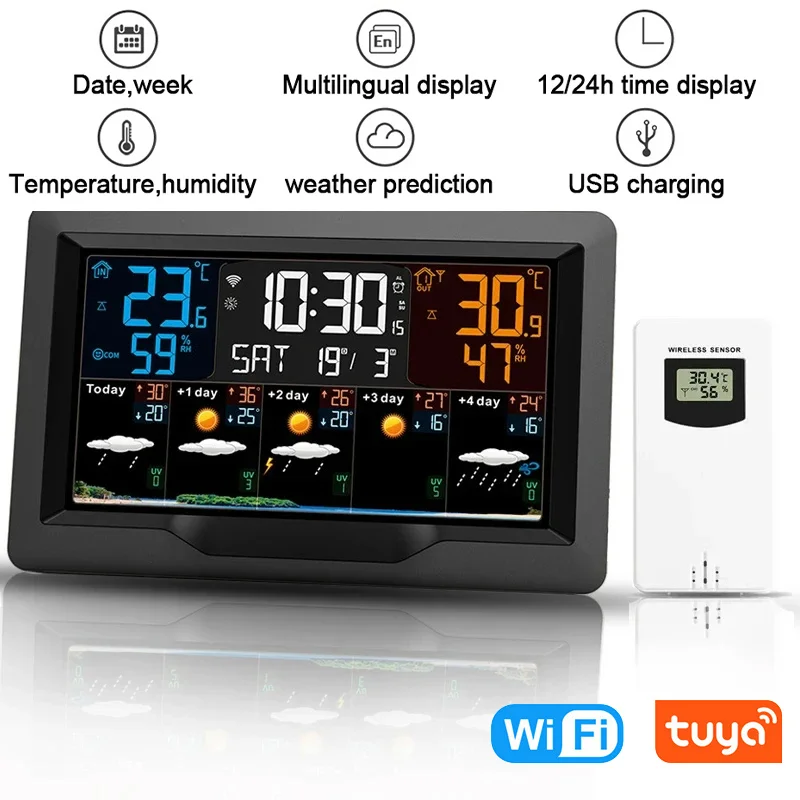 Tuya WIFI Smart Weather Station Color Screen APP Control Weather Alarm Clock Indoor and Outdoor Temperature Humidity Meter