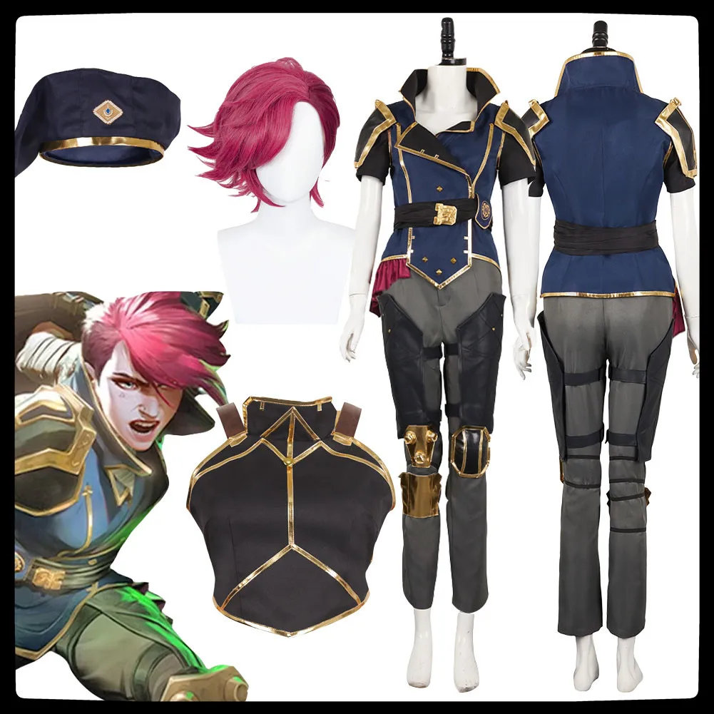 Game LOL Arcane Vi Cosplay Costume Women Sheriff Uniform Role Play Hat Wigs Vest Fantasy Clothing Halloween Carnival Part Suits