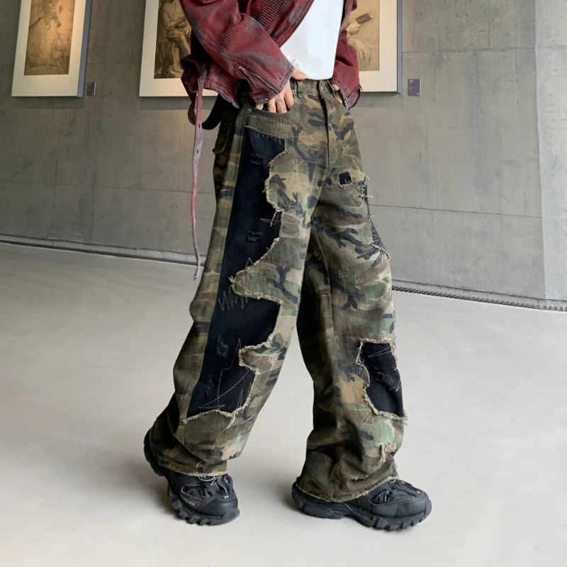 

boyfriend Denim Camouflage Pant Men Cargo Jeans High Waist Trousers Vintage Loose Frayed Hem Party Night Casual Spliced Spring