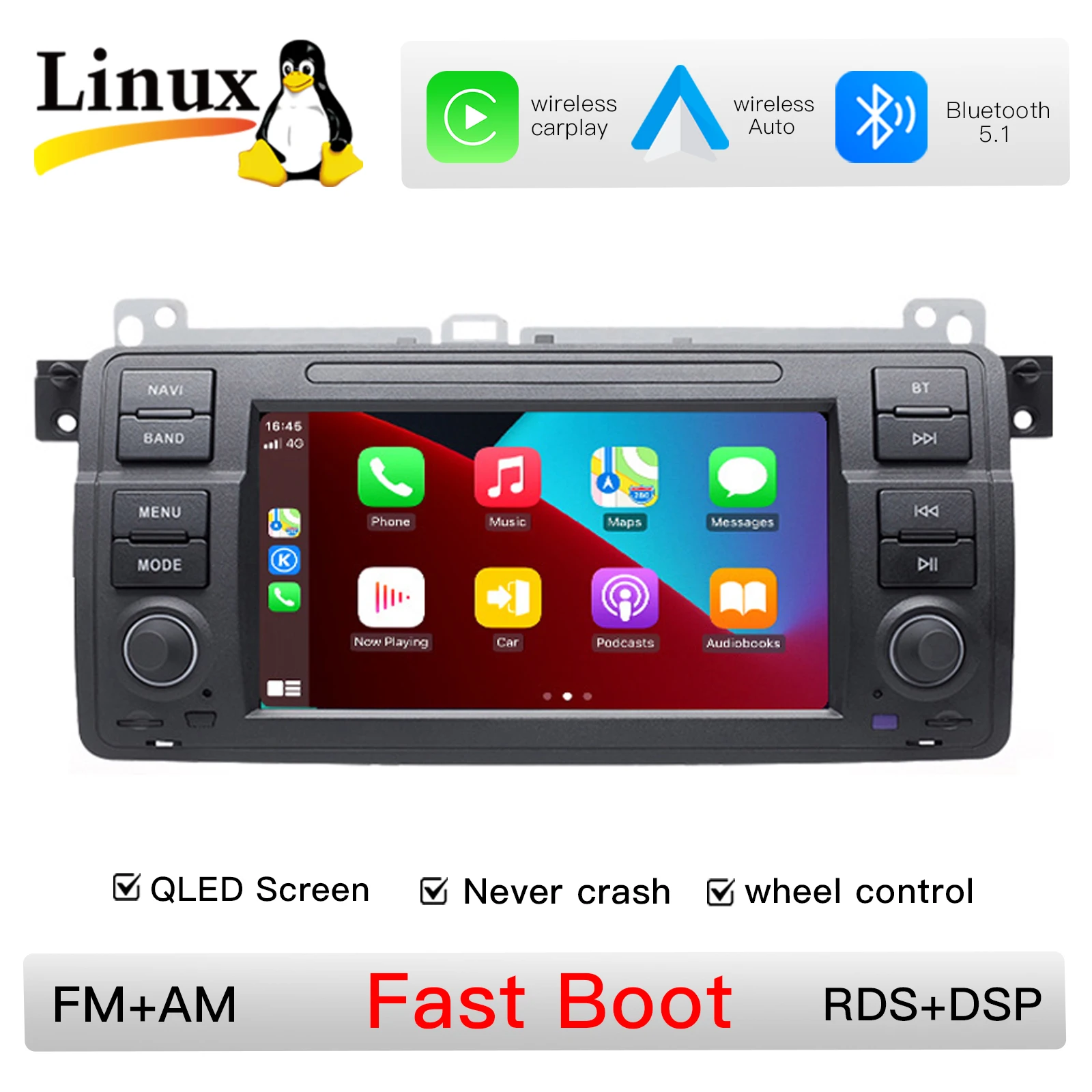 7" 2DIN 1280*720 Linux autoradio voor BMW E46 M3 318/320/325/330/335 Rover75 MGZT 1998-2006, met draadloze CarPlay, Android Auto, multimedia-speler, GPS-navigatie, FM, RDS, DSP, achteruitrijcamera,