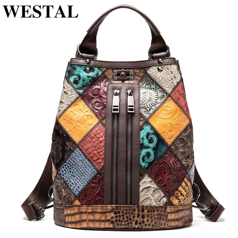 

WESTAL Backpack for Women Genuine Leather Backpack Women Handbags Girls Travel Patchwork Female Backpacks For School Laptop 7420