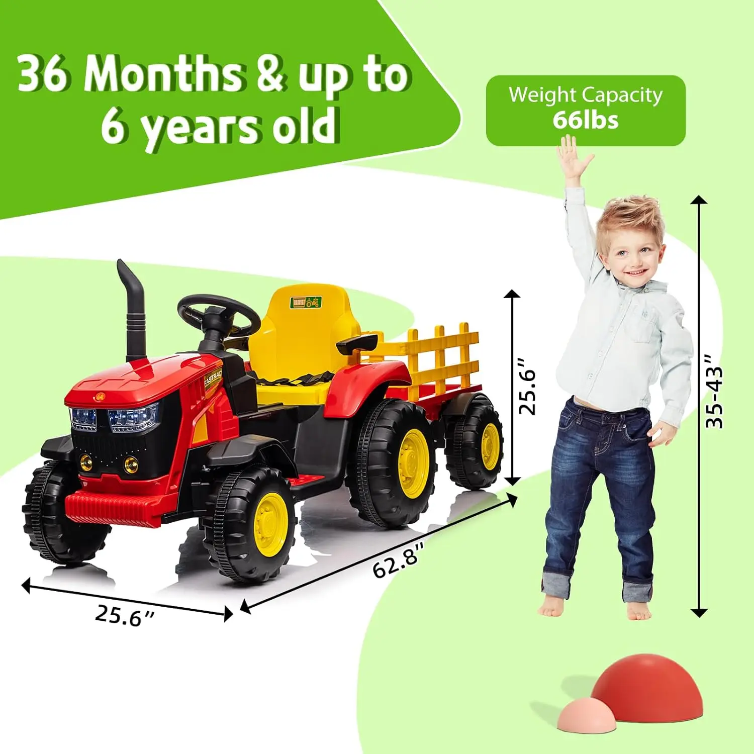 Jouets de tracteur pour enfants, avec télécommande, double moteur 35W, remorque détachable, ceinture de sécurité musicale Bluetooth et 7 lumières LED