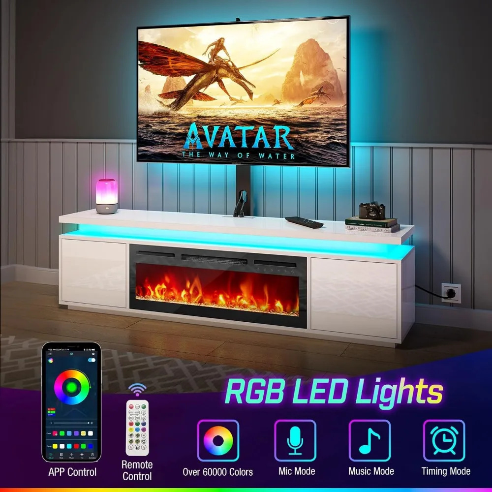 حامل تلفزيون Rolanstar Fireplace مع أضواء LED ومنافذ طاقة، حامل تلفزيون مع 30 مدفأة كهربائية، White Entertainment C