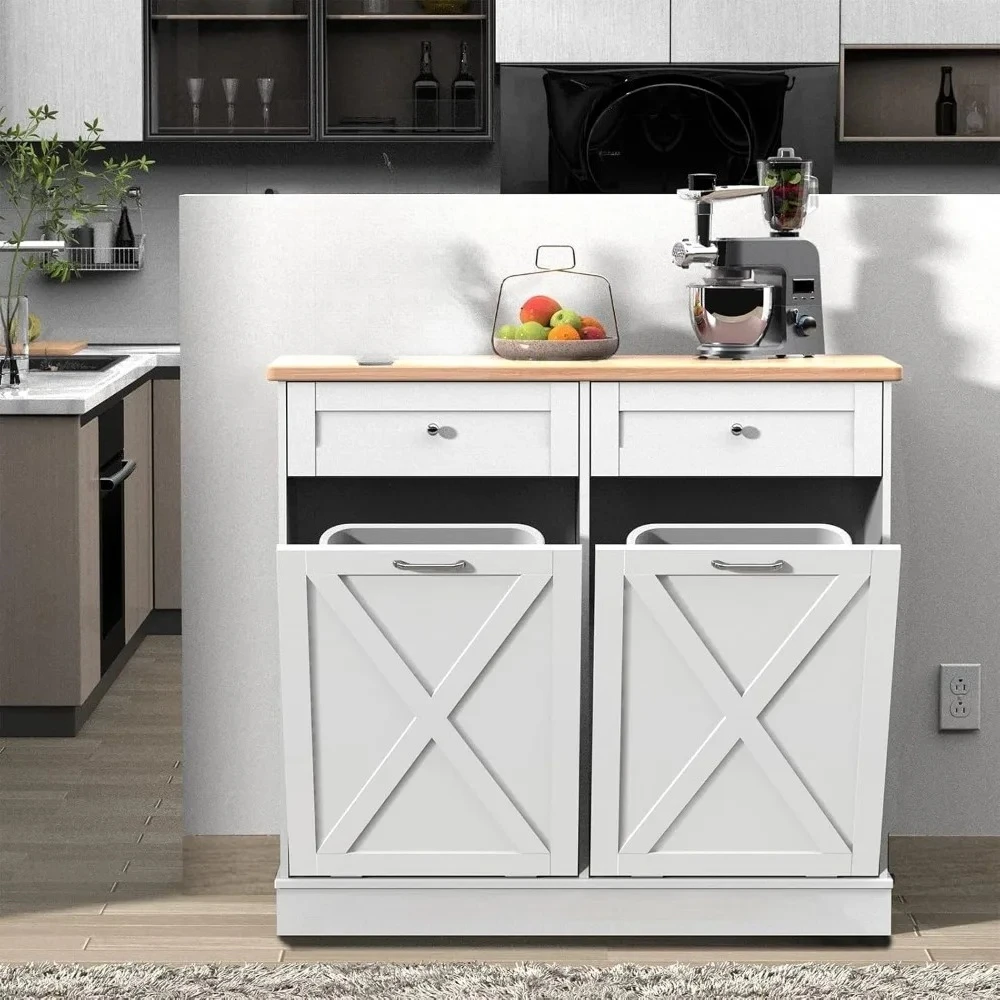Double Tilt Out Trash Cabinet Can Bin Kitchen 20 Gallon Wooden Free Standing Laundry Sorter,Recycling Cabinet with Hideaway Draw