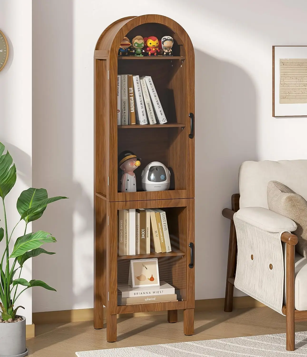 64.17 in Arched Display Cabinet with Acrylic Glass Doors, 5-Tier Storage for Living Room, Walnut
