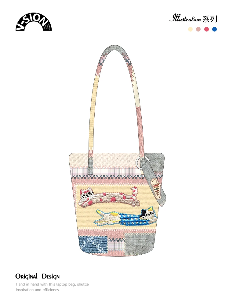 Laptop bag V-SION Kitten New Illustration Collaboration Casual Fashion Commuter Crossbody Extended Bucket Canvas Bag