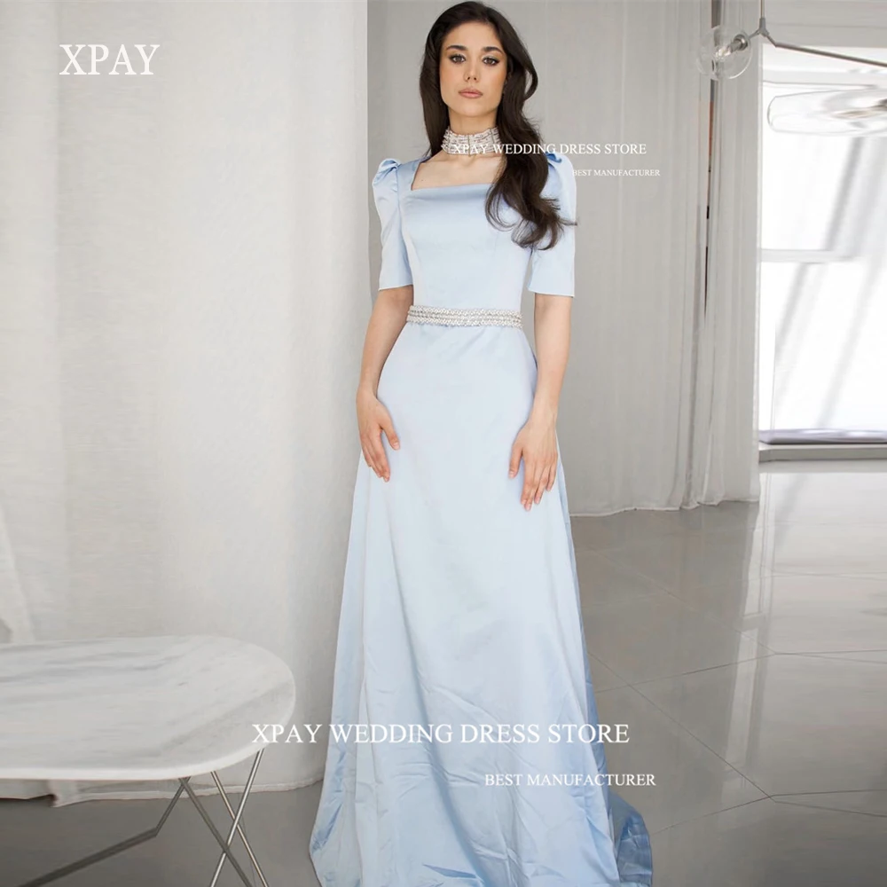 

XPAY Vintage Satin Light Blue Evening Dresses Square Neck Short Sleeves Beads Belt Arabic Prom Gown Simple Formal Occasion Dress