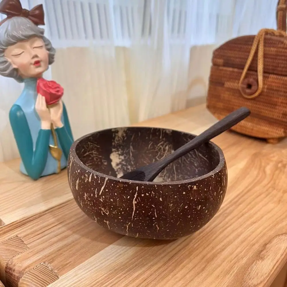 New Natural Coconut Bowls Reusable with Spoon Serving Dishes Coconut Shell Eating Tableware Utensils Dessert