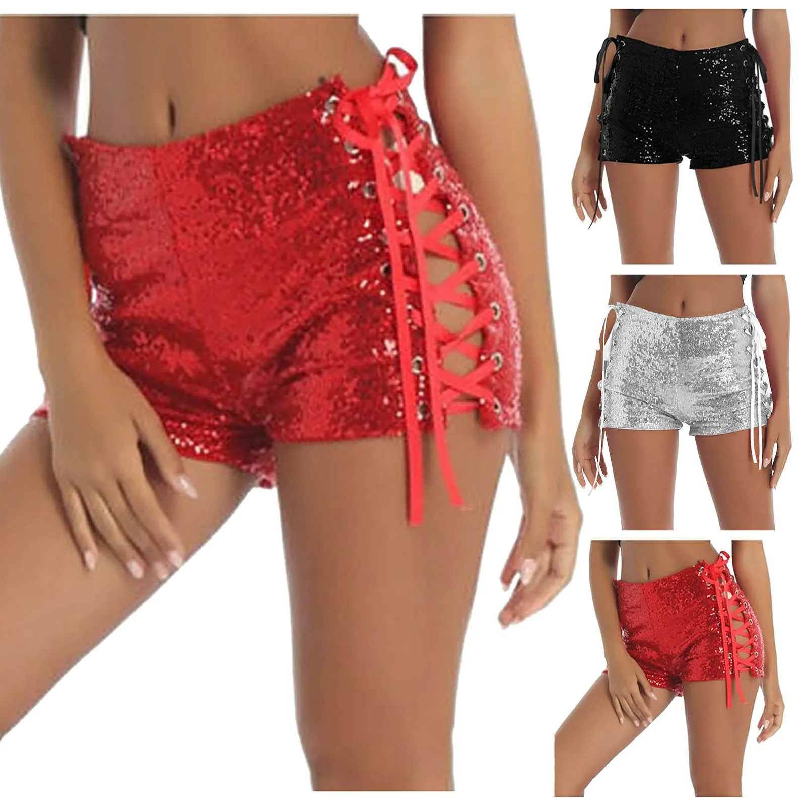 New Women'S Sequin High Waist Sexy Strappy Hollow Out Side Boxers Shorts Womens Shorts Y2k Hot Woman Short Pants Club Wears