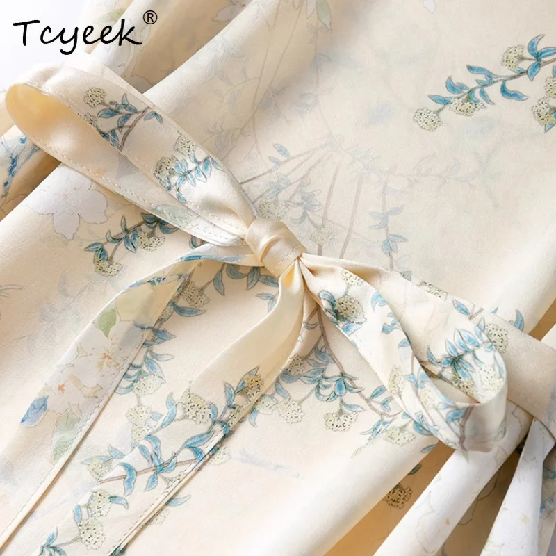 Tcyeek Women's 100% Mulberry Silk Dress,Plain Satin Printing Straight O-neck Loose Short Sleeved Summer Chemise Dress D55624JF