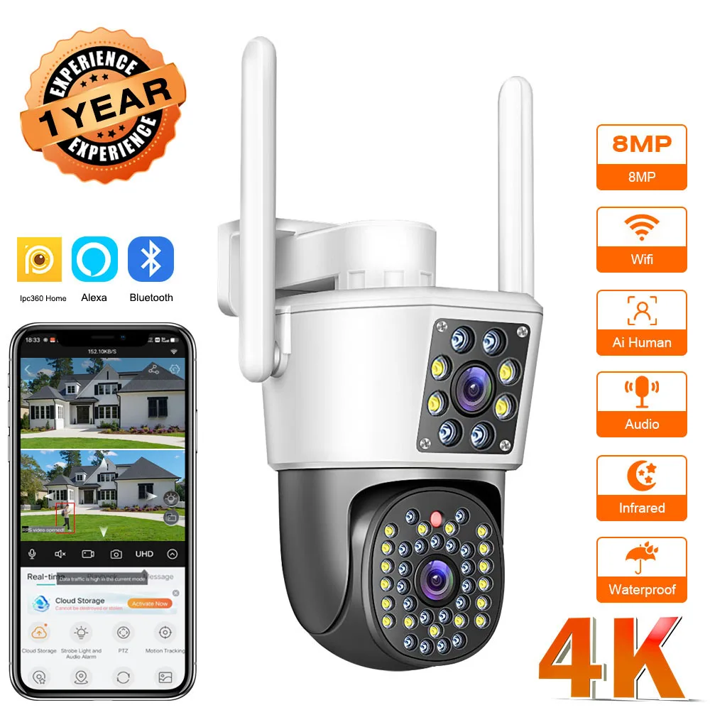 4K 8MP Wifi PTZ Camera Dual Lens IP CCTV Video Surveillance Camera Ai Human Detect Auto Tracking Night Vision Outdoor IPC360