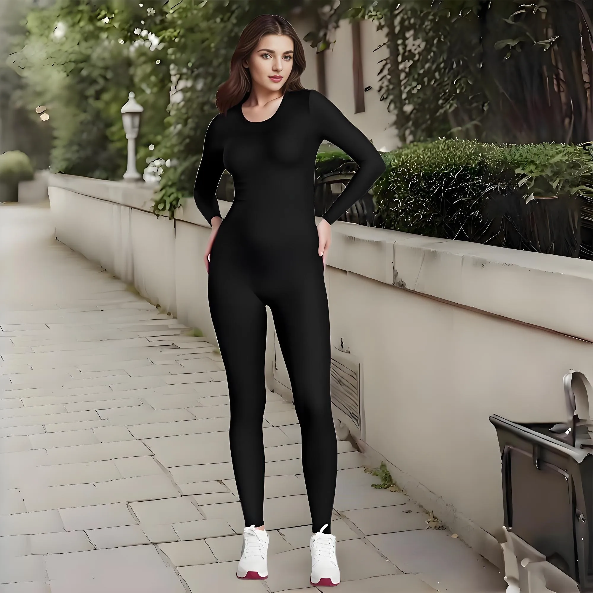 

Женский цельный костюм для танцев и гимнастики с длинными рукавами и низким круглым вырезом из нейлоновой ткани