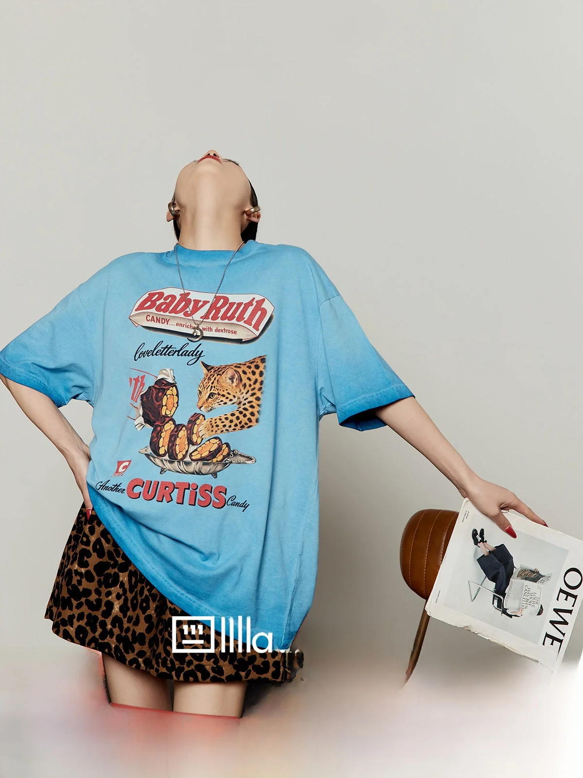 

Washed Blue Leopard Print T-Shirt Women's Summer New American Loose Trendy Short Sleeve Soft Comfortable Breathable Ladies' Top