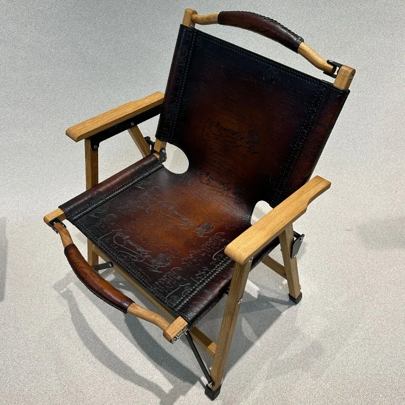 First layer cowhide solid wood folding chair medium antique retro balcony casual sofa chair handmade