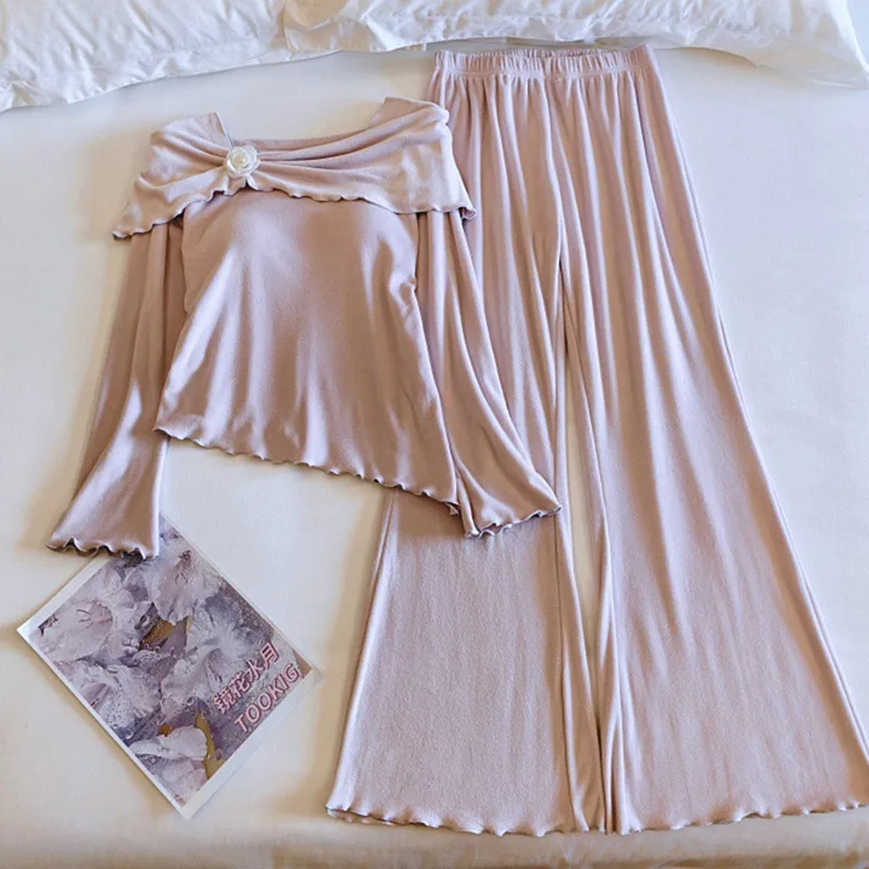 

Sexy Island Velvet Warm Pajamas Set Woman Thick Winter Sleepwear For Sleeping Clothes Long Sleeve Chest Pad Home Suit For Women