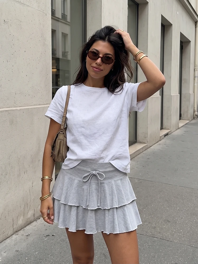HH Versatile Women's  Layered Ruffle Mini Skirt Gray Drawstring High Waist Casual Skirt Cute Sports Business Outing clothing
