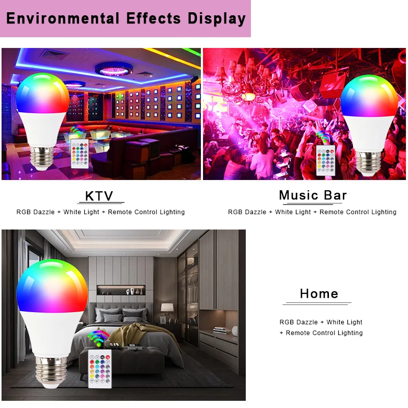 Dimmable RGB LED Bulb Lights, controle remoto infravermelho, inteligente, colorido, ambiente, luz para KTV, bar, casa, Natal, 5W, 7W, 9W, 15W