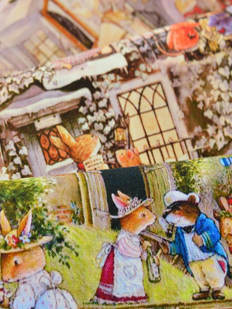 Pure Cotton Fabric Wild Rose Village Fox Village Story Cartoon Field Mouse Fox Rabbit by Half Meter