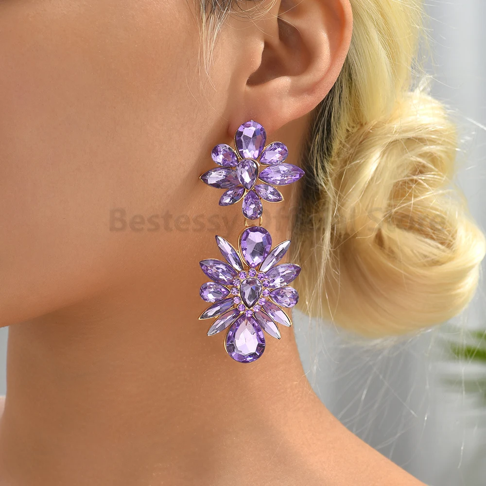 Pink Crystal Flowers Dangle Geometric Earrings For Women Trend 2024 Luxury Design Pendientes Bride Wedding Party Vintage Jewelry