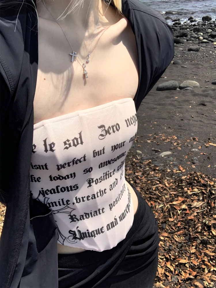 

Hot Girl Letter Print Fibone Strapl Top Women's Slim Fit Polyester Spandex Blend Original Design Summer Faion