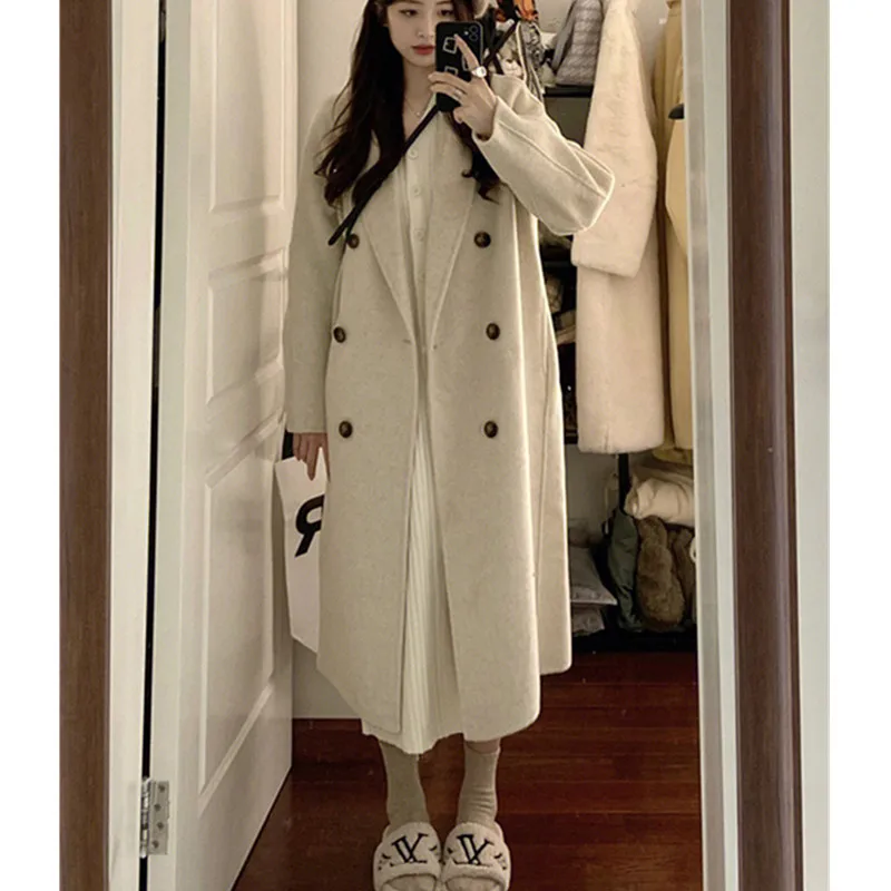 

Новинка 2025, зимний высококачественный костюм в стиле Хепберн, шерстяное пальто, женское модное темпераментное тонкое двубортное толстое теплое шерстяное пальто