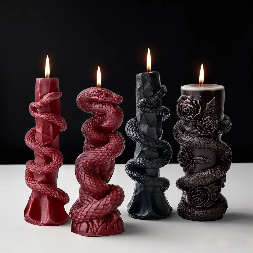 DIY Relief Snake Pillar Candle Mold Halloween Creative Aroma Candle Plaster Silicone Mould Handmade Candle Making Supplies