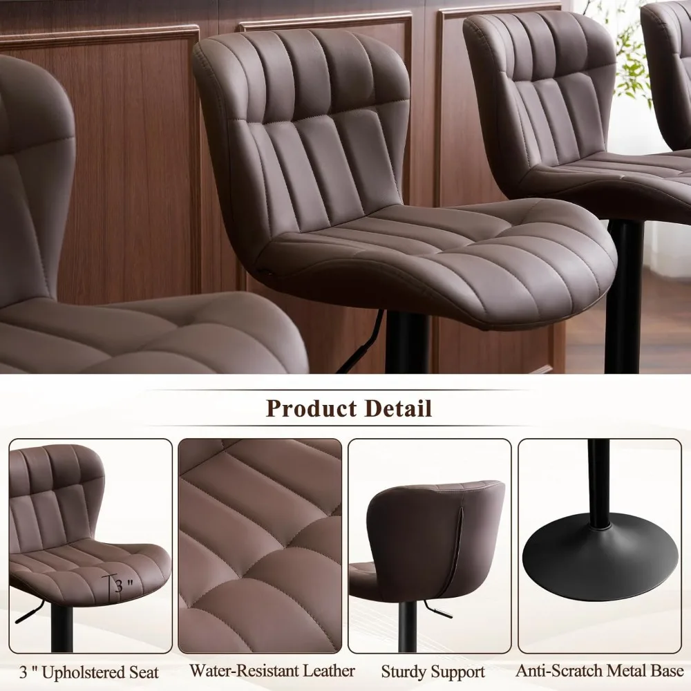 مقاعد بار حديثة من الجلد الصناعي لجزيرة المطبخ، مقاعد بارتفاع دوارة منجدة مع مقاعد مع ظهر، بني
