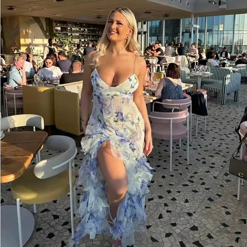 여성용 플로럴 로우 컷 원피스 홀터, 부드러운 바람 원피스 슬리밍 백리스 홀터, 슬릿 아웃 바닥 길이 원피스, 프렌치 여름