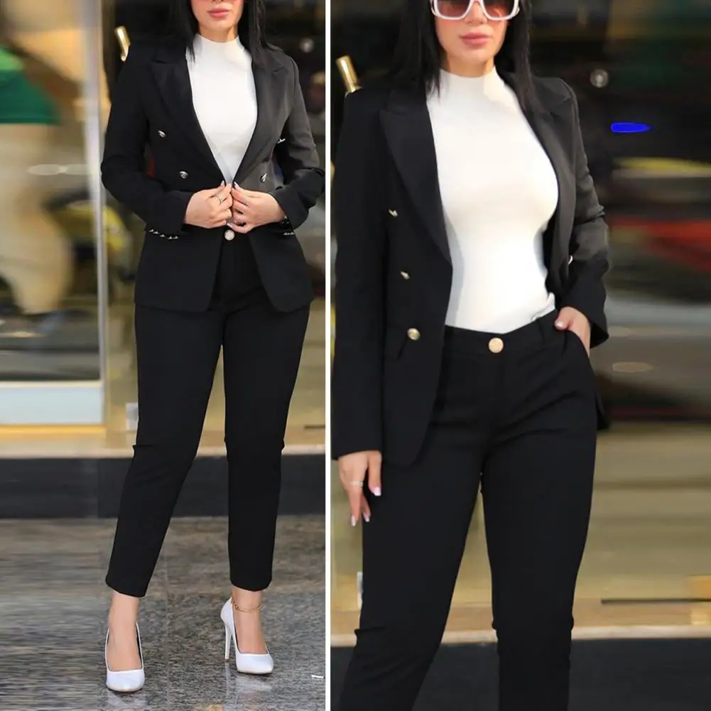 Long Sleeve Pants Suit Elegant Double-breasted Women\'s Coat Pants Suit for Formal Business Commute Slim Fit Jacket with High