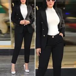 Traje de pantalones de manga larga para mujer, abrigo elegante de doble botonadura, traje de pantalones para viaje de negocios Formal, chaqueta ajustada con alto