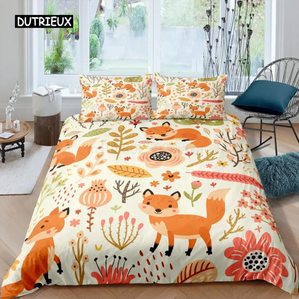 Cartoon Fox King Queen Duvet Cover Lovely Orange Animal Floral Bedding Set Kids Girls Flowers Plant 2/3pcs Polyester Quilt Cover