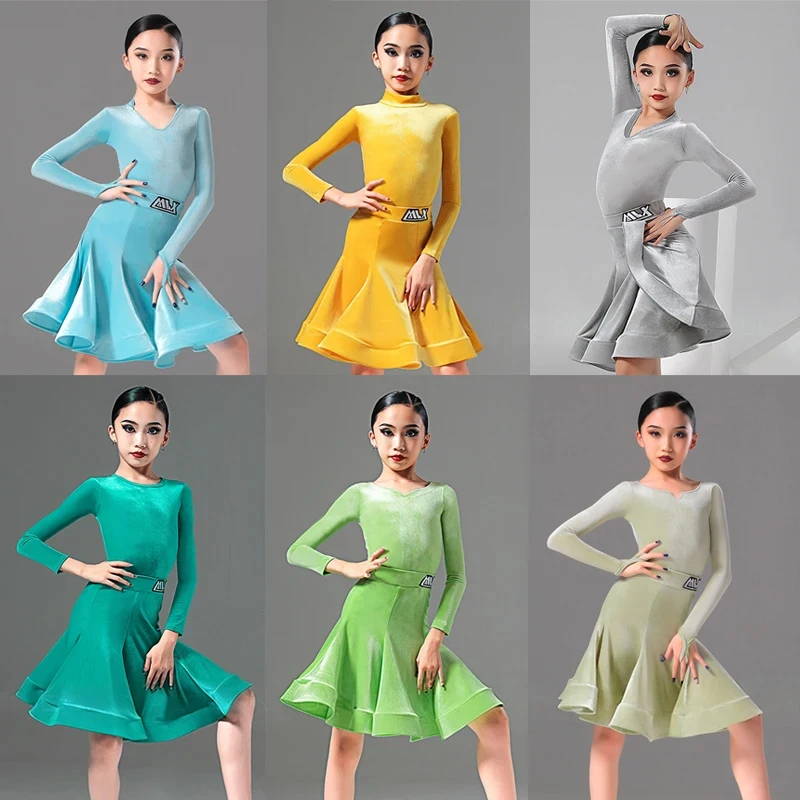 

Детское платье для соревнований по латинским танцам, бархатный танцевальный костюм с длинными рукавами для девочек, одежда для латинских танцев, сценическая одежда, синий, зеленый 2460