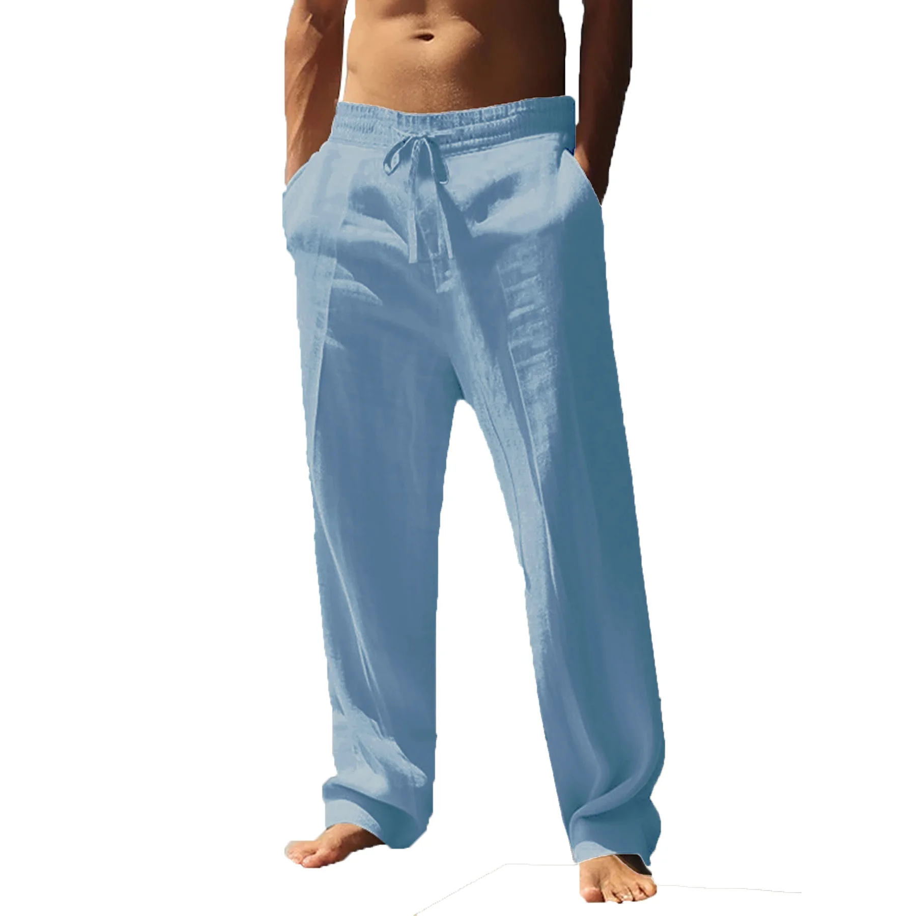 Men's Cotton Trousers Linen Fashion Solid Color Casual Pants Breathable Loose Shorts Straight Drawstring  Streetwear Men Pants