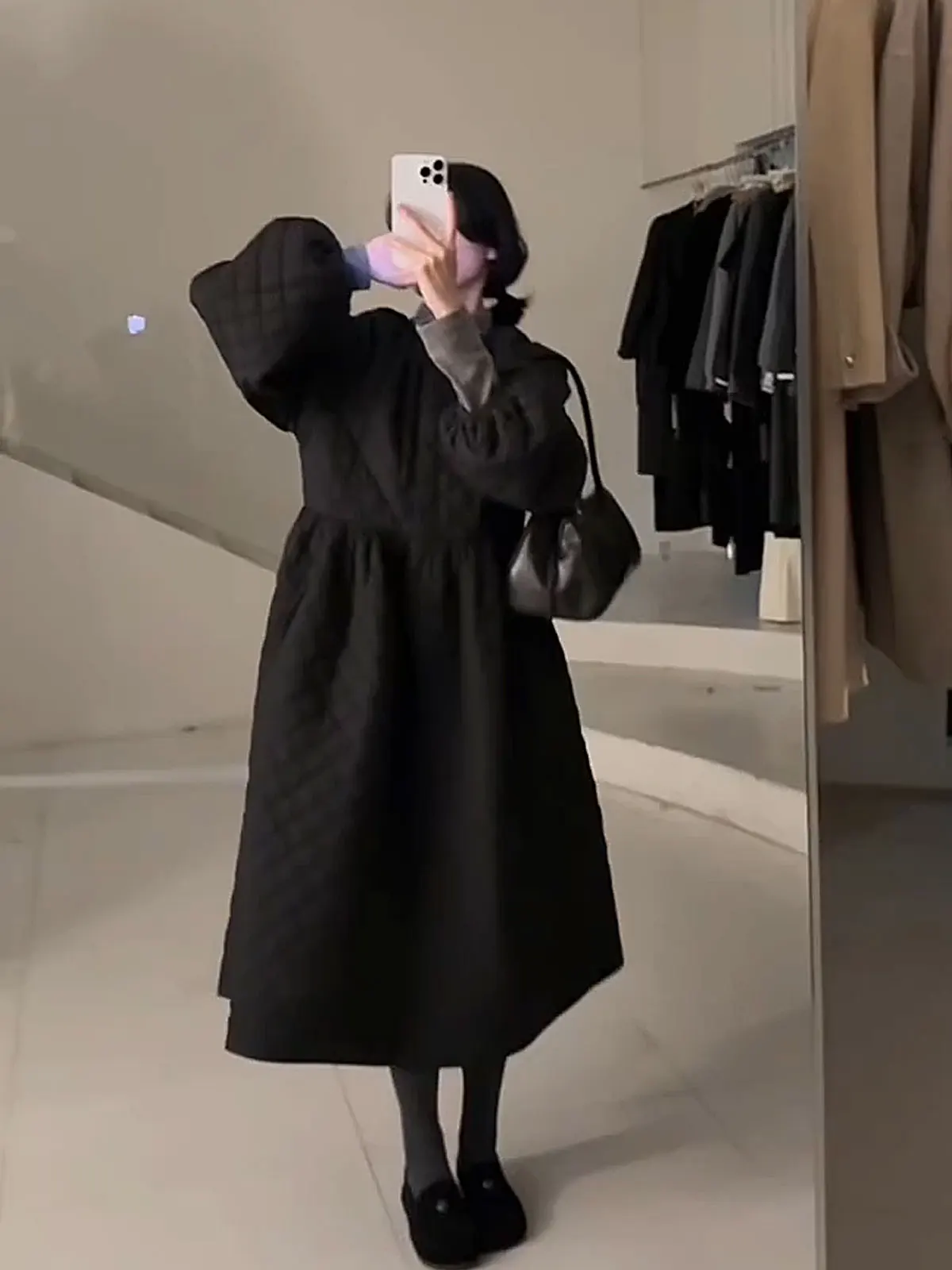 

Платье DesiGar Fing Princ из утолщенного хлопка, зимнее, черное, с ромбовидным узором, свободного кроя, А-силуэт, повседневное, с длинными рукавами